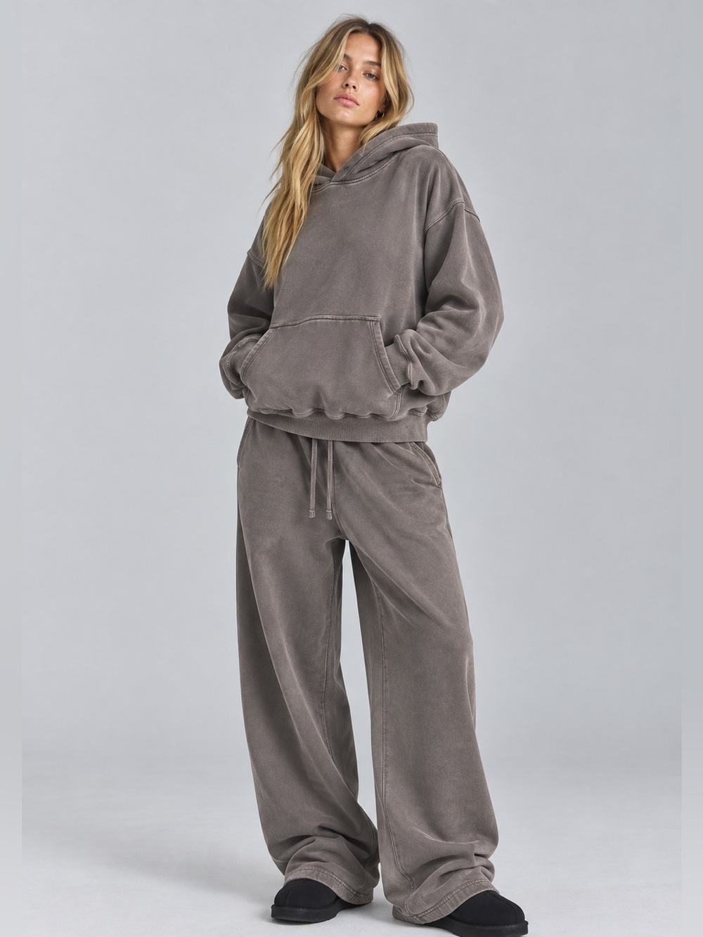 ♡ Elwood SET Hoodie & Wide Leg Sweatpants Set in Vintage Black